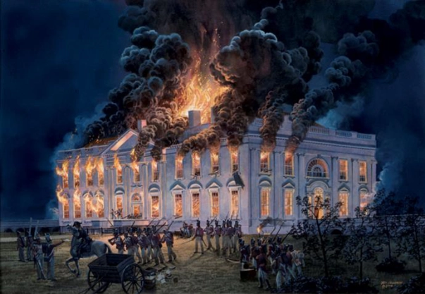 Édifice de Washington en feu sous le regard des soldats britanniques