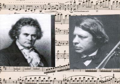 Portraits de Beethoven et Joachim sur une feuille de musique.