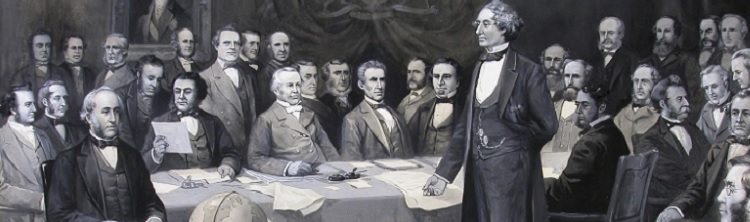 Les Pères de la Confédération assemblés autour d'une table.