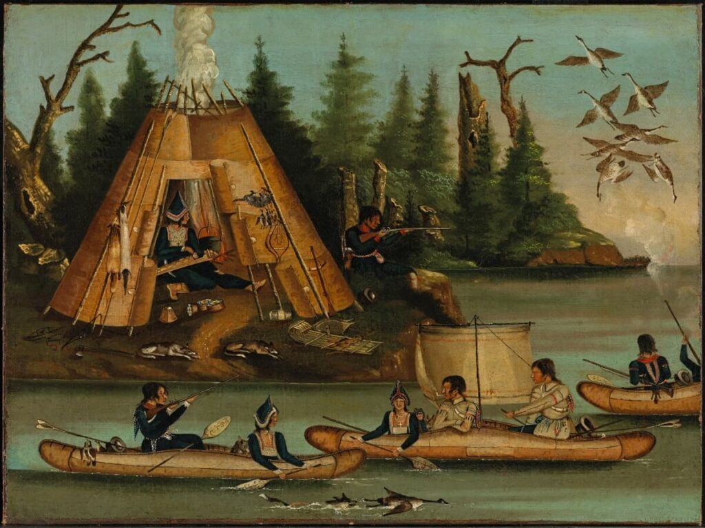 Peinture illustrant des Micmacs en costumes traditionnels dans des canoés.