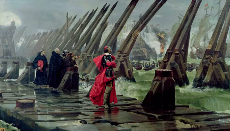 Richelieu représenté sur une digue. Près de lui, en retrait, son personnel.